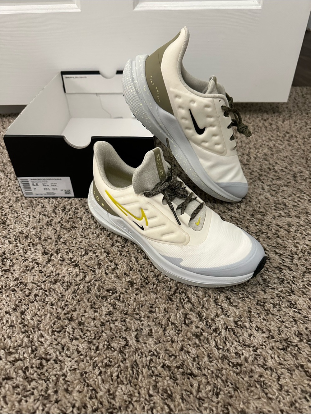 Nike White and Olive Green Running Shoes with Yellow Swoosh